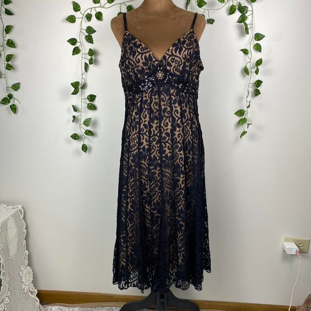 Y2k Mixit black lace overlay midi dress pleated beaded waist sequins empire